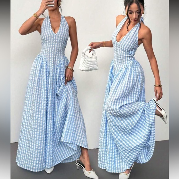 Dresses & Skirts - Elegant Black and White Checkered Halter Maxi Dress